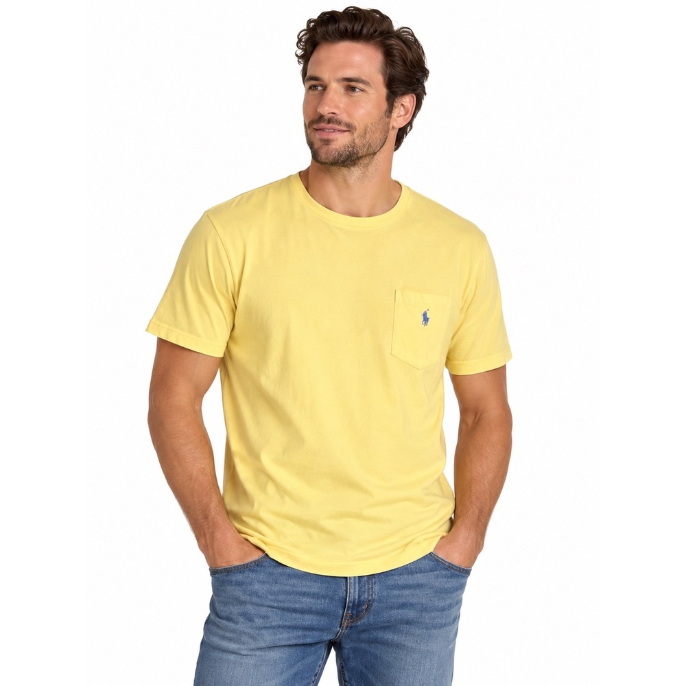 Polo Ralph Lauren Mens Large Yellow Pocket Tee Shirt Blue Pony Logo Classic Fit